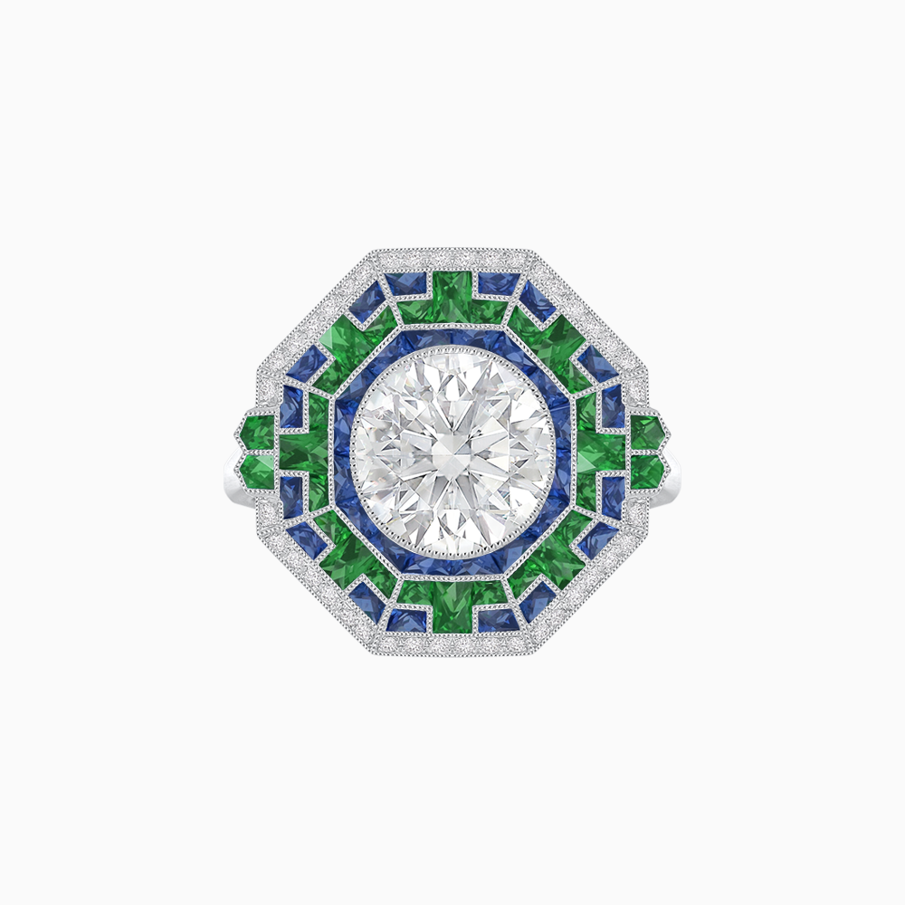 Art Deco Geometric Calibre French Cut Gemstone Diamond Ring