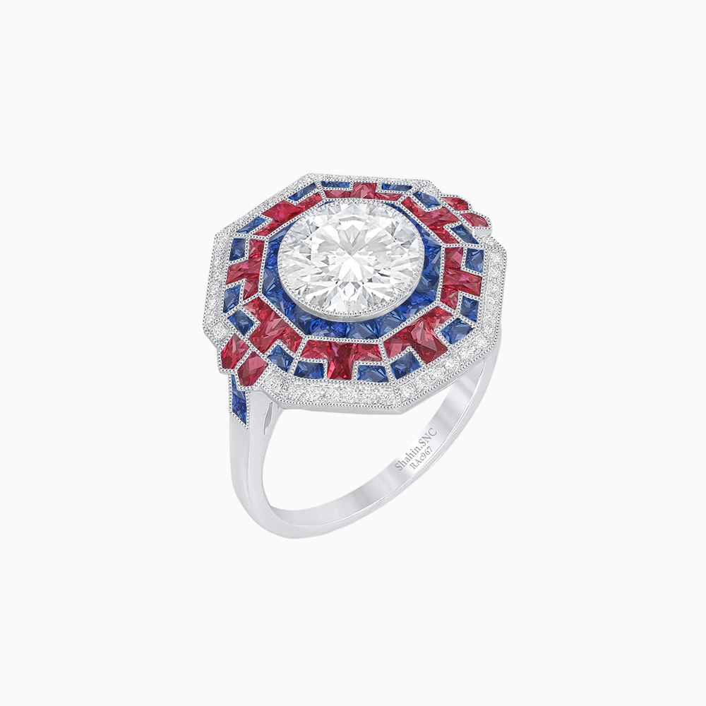 Art Deco Geometric Calibre French Cut Gemstone Diamond Ring