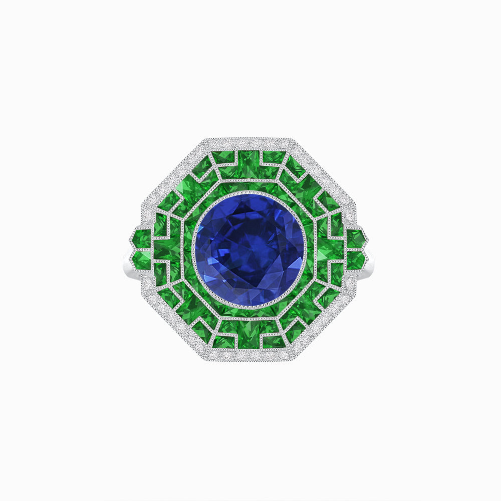 Art Deco Style French Cut Sapphire Ring With Diamond