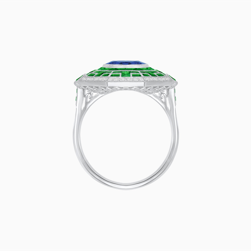 Art Deco Style French Cut Sapphire Ring With Diamond