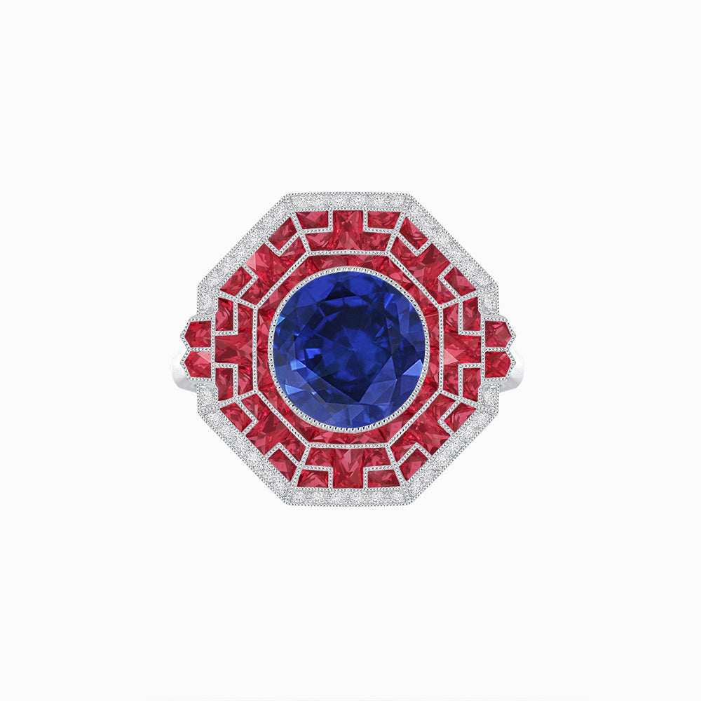 Art Deco Style French Cut Sapphire Ring With Diamond