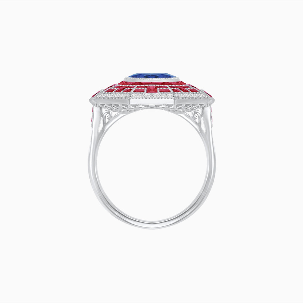 Art Deco Style French Cut Sapphire Ring With Diamond