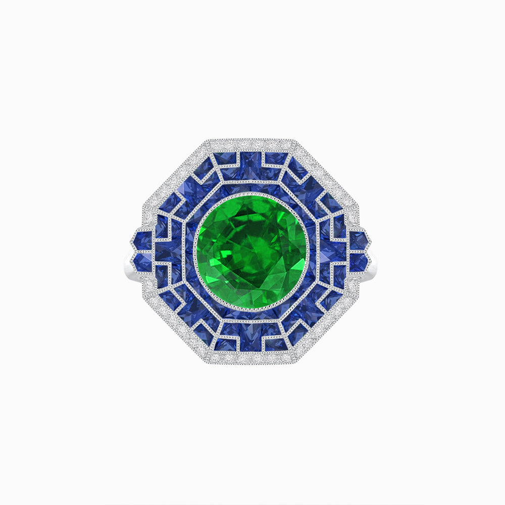 Art Deco Style French Cut Sapphire Ring With Diamond