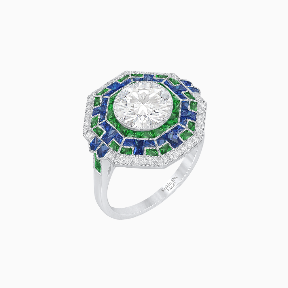 Art Deco Geometric Calibre French Cut Gemstone Diamond Ring