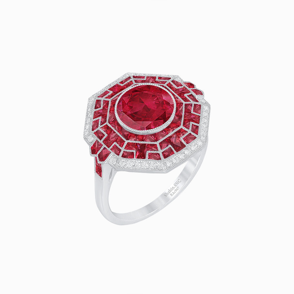 Art Deco Style French Cut Sapphire Ring With Diamond
