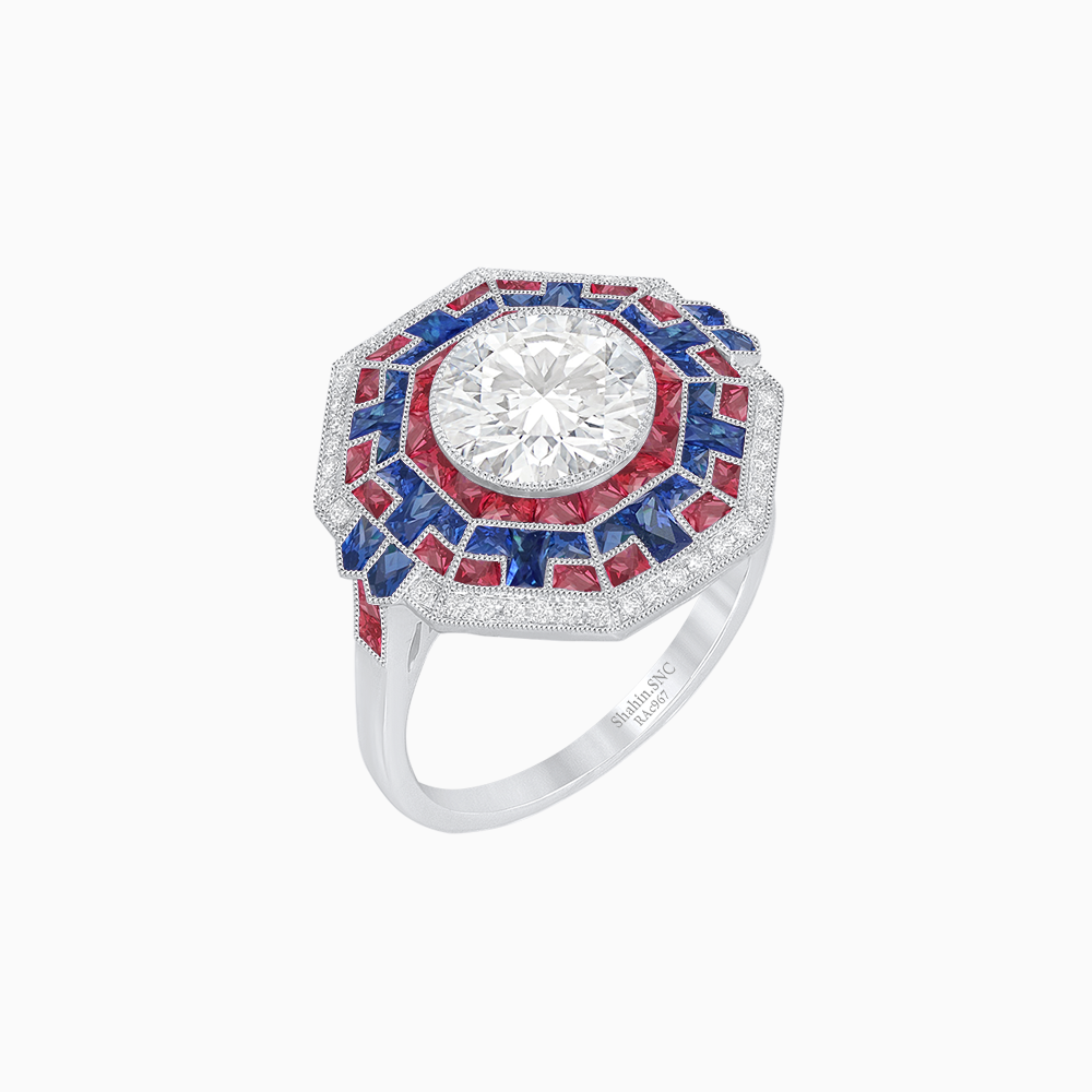 Art Deco Geometric Calibre French Cut Gemstone Diamond Ring