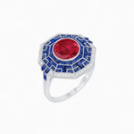Load image into Gallery viewer, Art Deco Style French Cut Sapphire Ring With Diamond