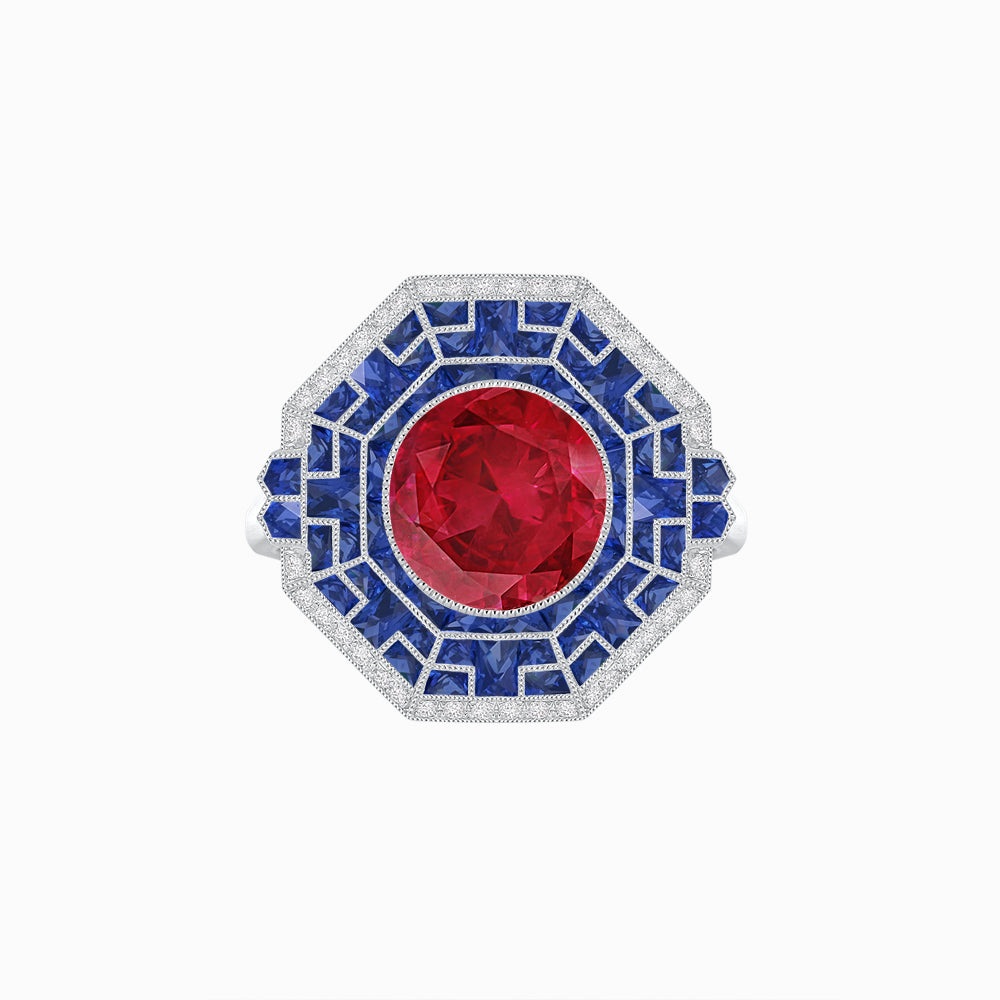 Art Deco Style French Cut Sapphire Ring With Diamond
