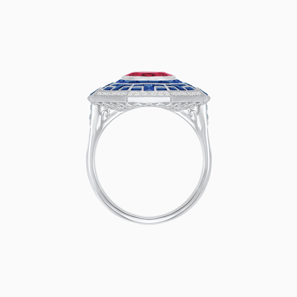 Art Deco Style French Cut Sapphire Ring With Diamond