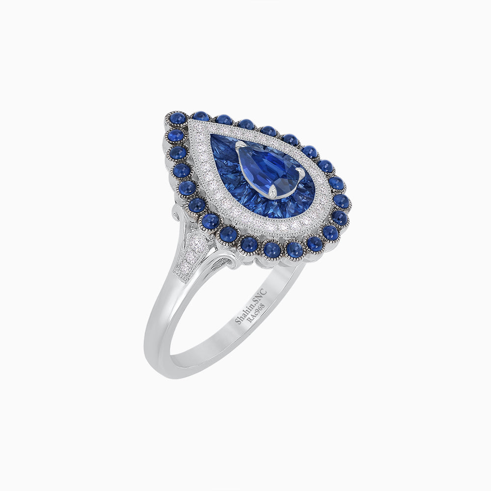 Vintage Inspired Triple Halo Pear-Shaped Ring with Customizable French-Cut and Cabochon Gemstones
