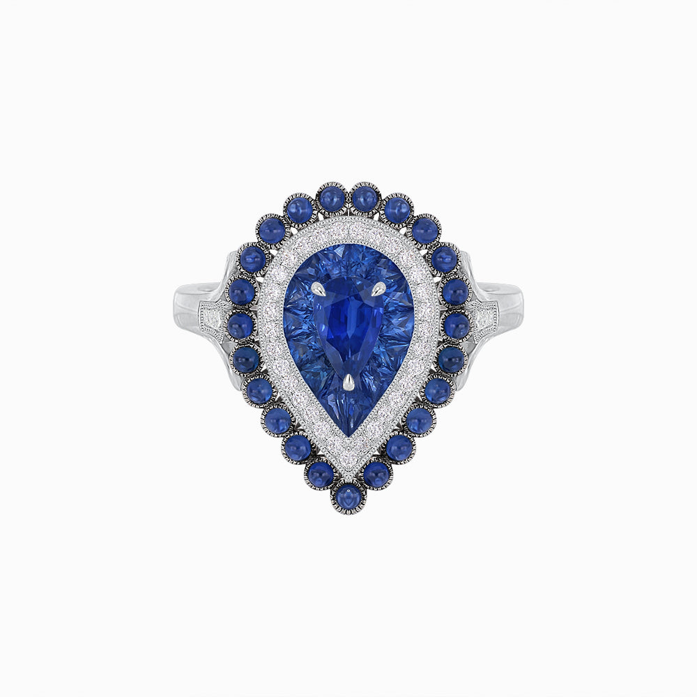 Vintage Inspired Triple Halo Pear-Shaped Ring with Customizable French-Cut and Cabochon Gemstones