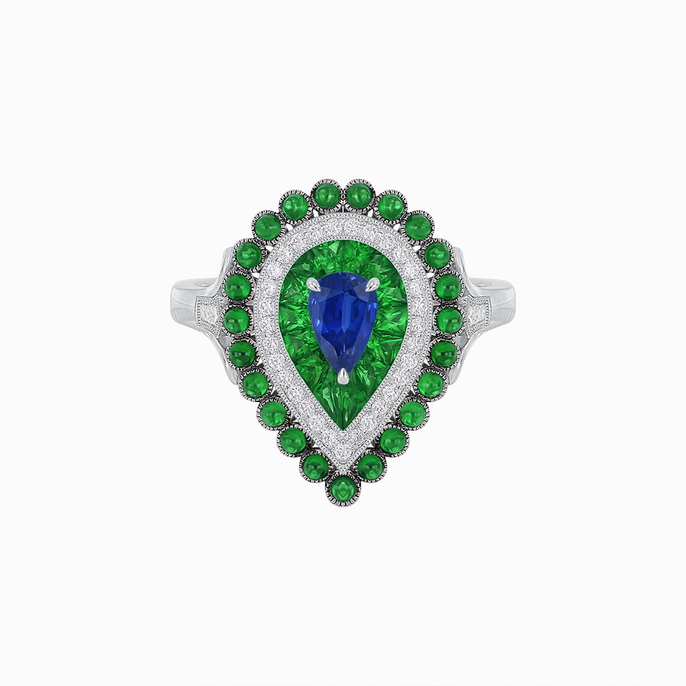 Vintage Inspired Triple Halo Pear-Shaped Ring with Customizable French-Cut and Cabochon Gemstones