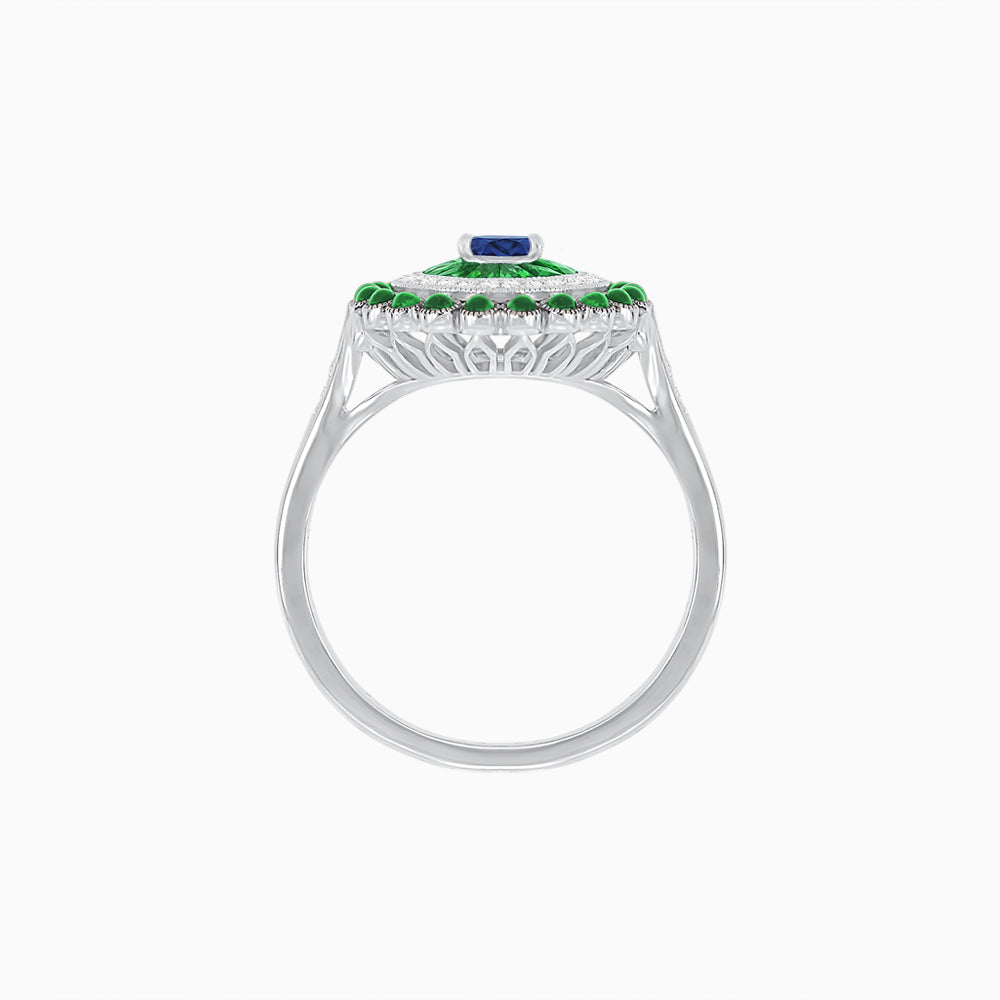 Vintage Inspired Triple Halo Pear-Shaped Ring with Customizable French-Cut and Cabochon Gemstones