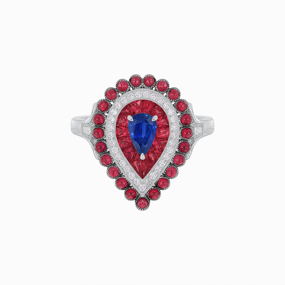 Vintage Inspired Triple Halo Pear-Shaped Ring with Customizable French-Cut and Cabochon Gemstones