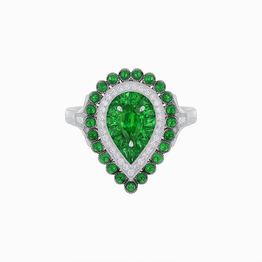 Vintage Inspired Triple Halo Pear-Shaped Ring with Customizable French-Cut and Cabochon Gemstones