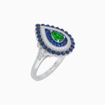 Load image into Gallery viewer, Vintage Inspired Triple Halo Pear-Shaped Ring with Customizable French-Cut and Cabochon Gemstones