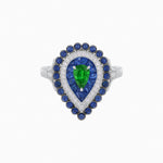 Load image into Gallery viewer, Vintage Inspired Triple Halo Pear-Shaped Ring with Customizable French-Cut and Cabochon Gemstones