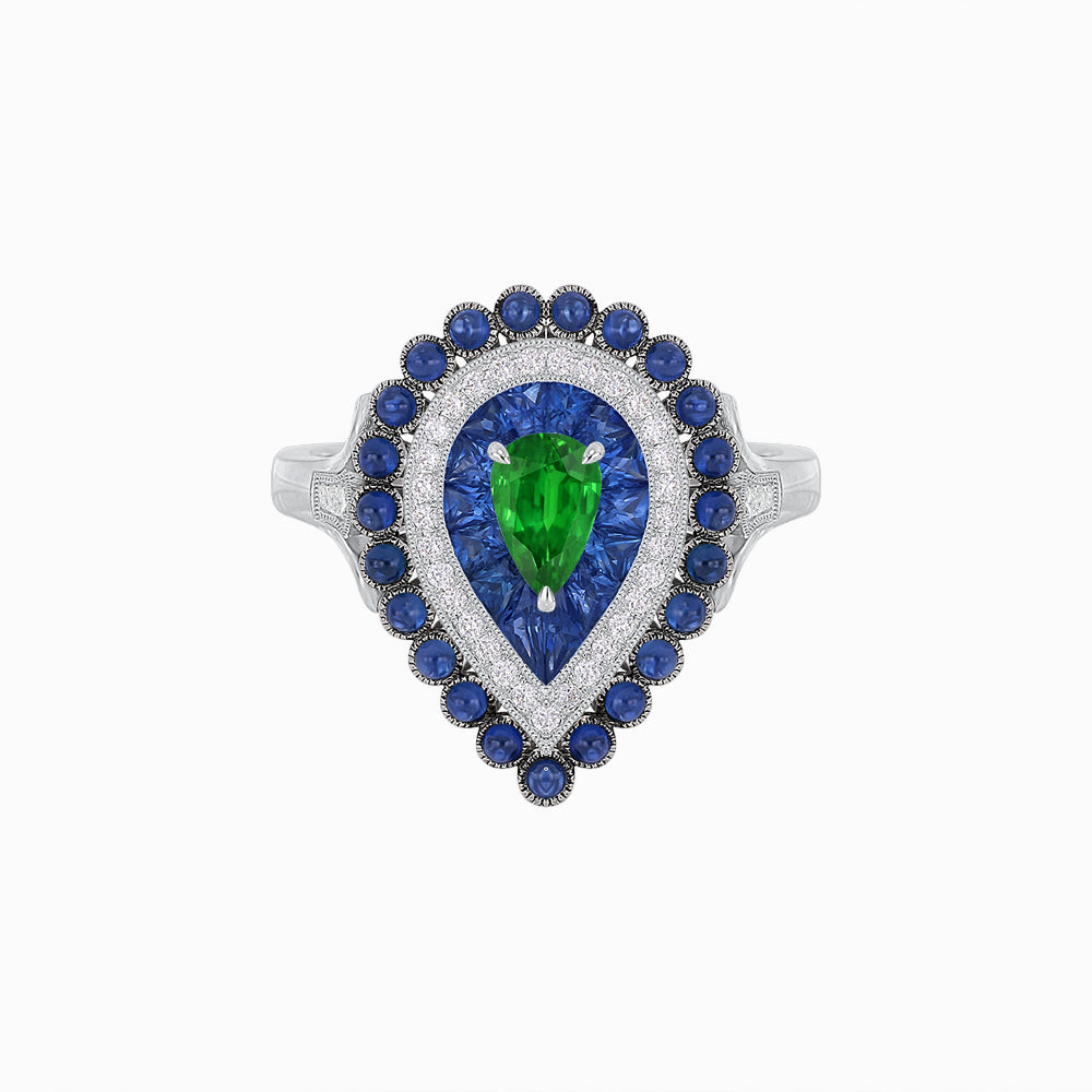 Vintage Inspired Triple Halo Pear-Shaped Ring with Customizable French-Cut and Cabochon Gemstones