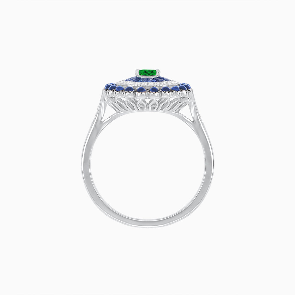 Vintage Inspired Triple Halo Pear-Shaped Ring with Customizable French-Cut and Cabochon Gemstones