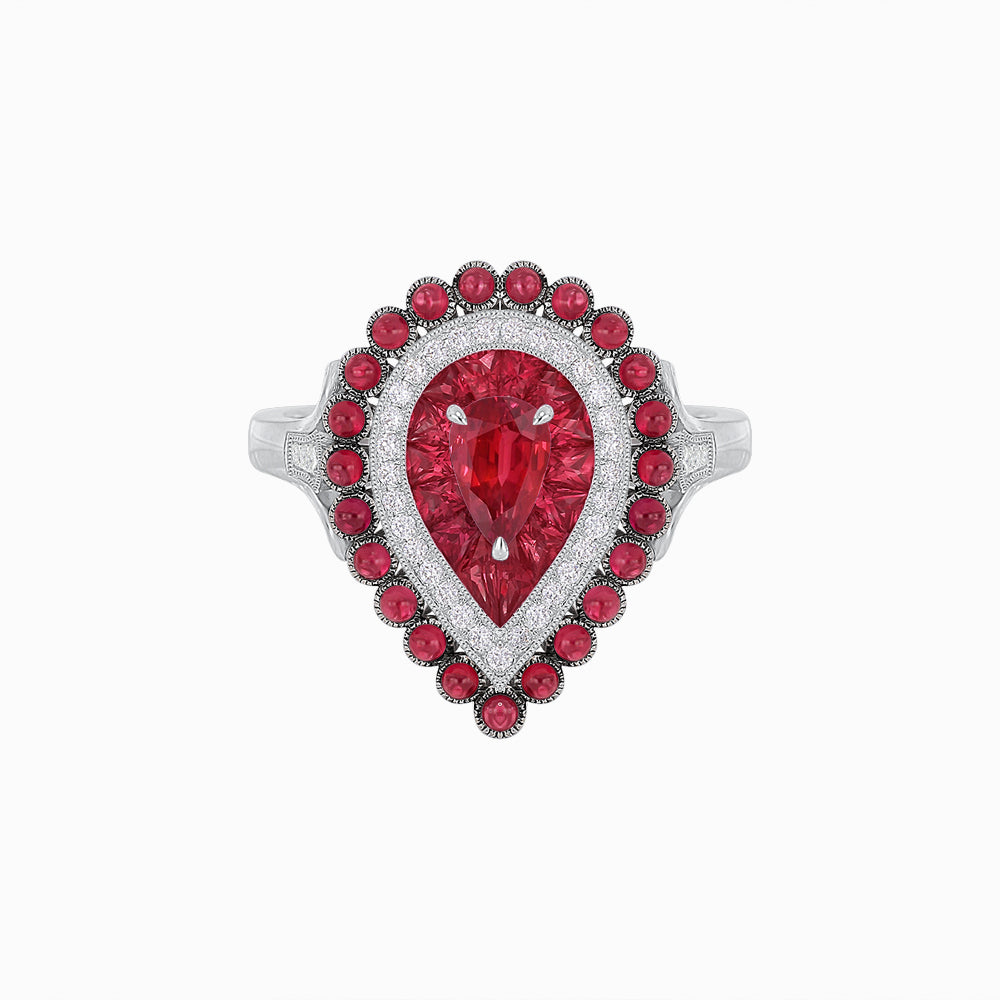 Vintage Inspired Triple Halo Pear-Shaped Ring with Customizable French-Cut and Cabochon Gemstones