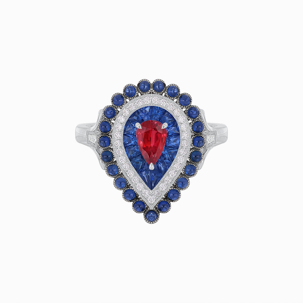 Vintage Inspired Triple Halo Pear-Shaped Ring with Customizable French-Cut and Cabochon Gemstones