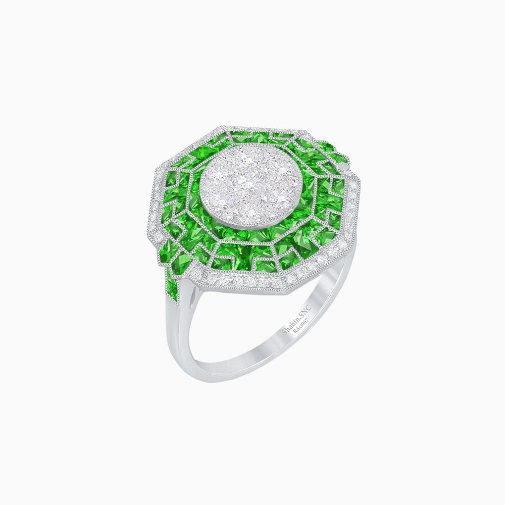 Art Deco Geometric Calibre French Cut Gemstone in Illusion Diamond Ring