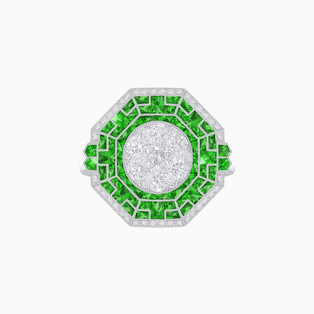 Art Deco Geometric Calibre French Cut Gemstone in Illusion Diamond Ring