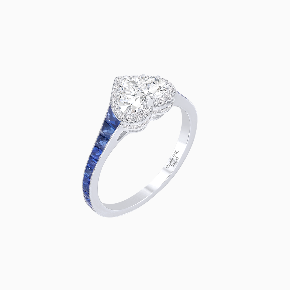 Heart Shape Ring with Diamond Halo and French-Cut Gemstone Shoulder Accents