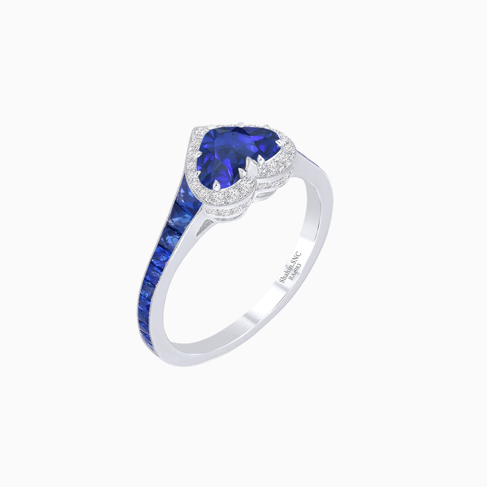 Heart Shape Ring with Diamond Halo and French-Cut Gemstone Shoulder Accents