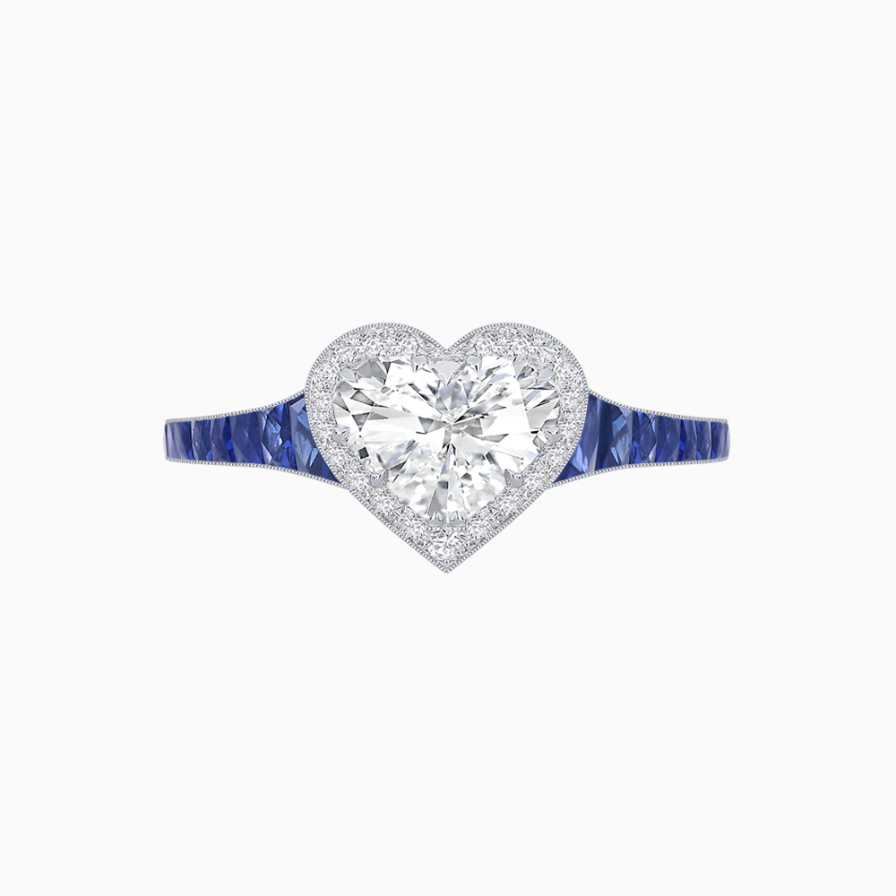 Heart Shape Ring with Diamond Halo and French-Cut Gemstone Shoulder Accents