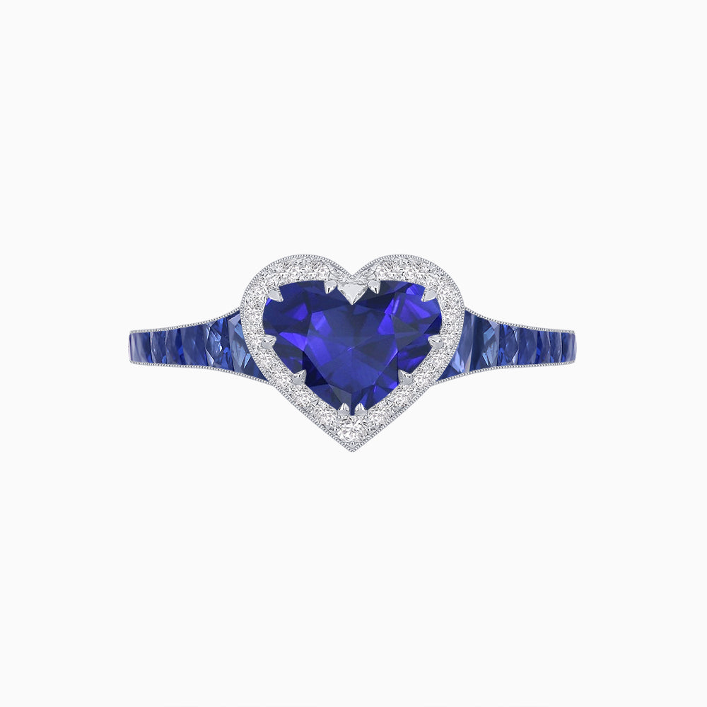 Heart Shape Ring with Diamond Halo and French-Cut Gemstone Shoulder Accents