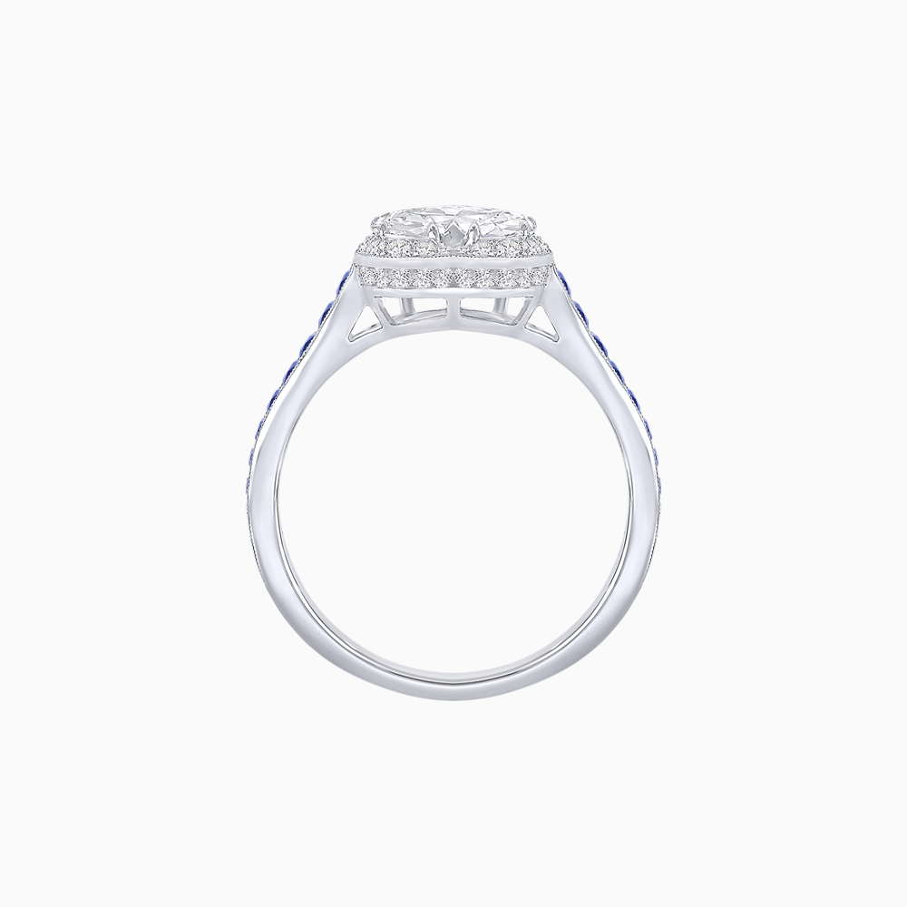Heart Shape Ring with Diamond Halo and French-Cut Gemstone Shoulder Accents