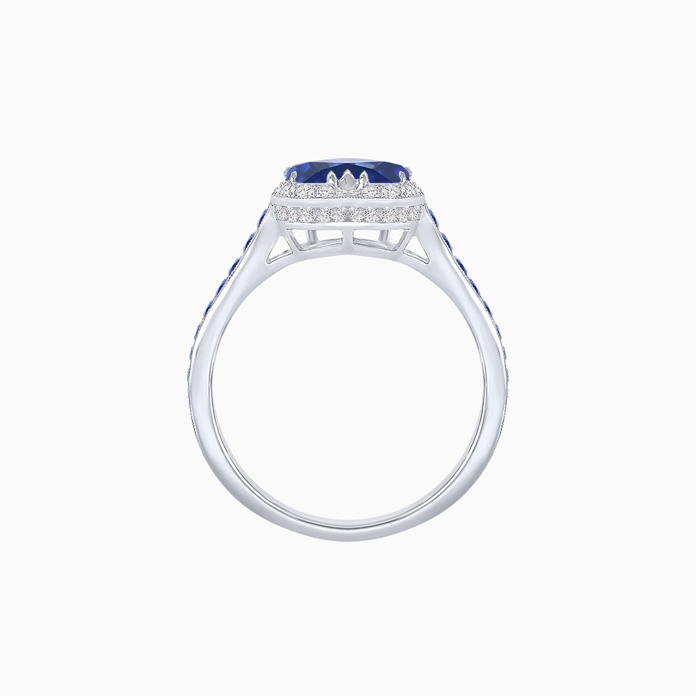 Heart Shape Ring with Diamond Halo and French-Cut Gemstone Shoulder Accents