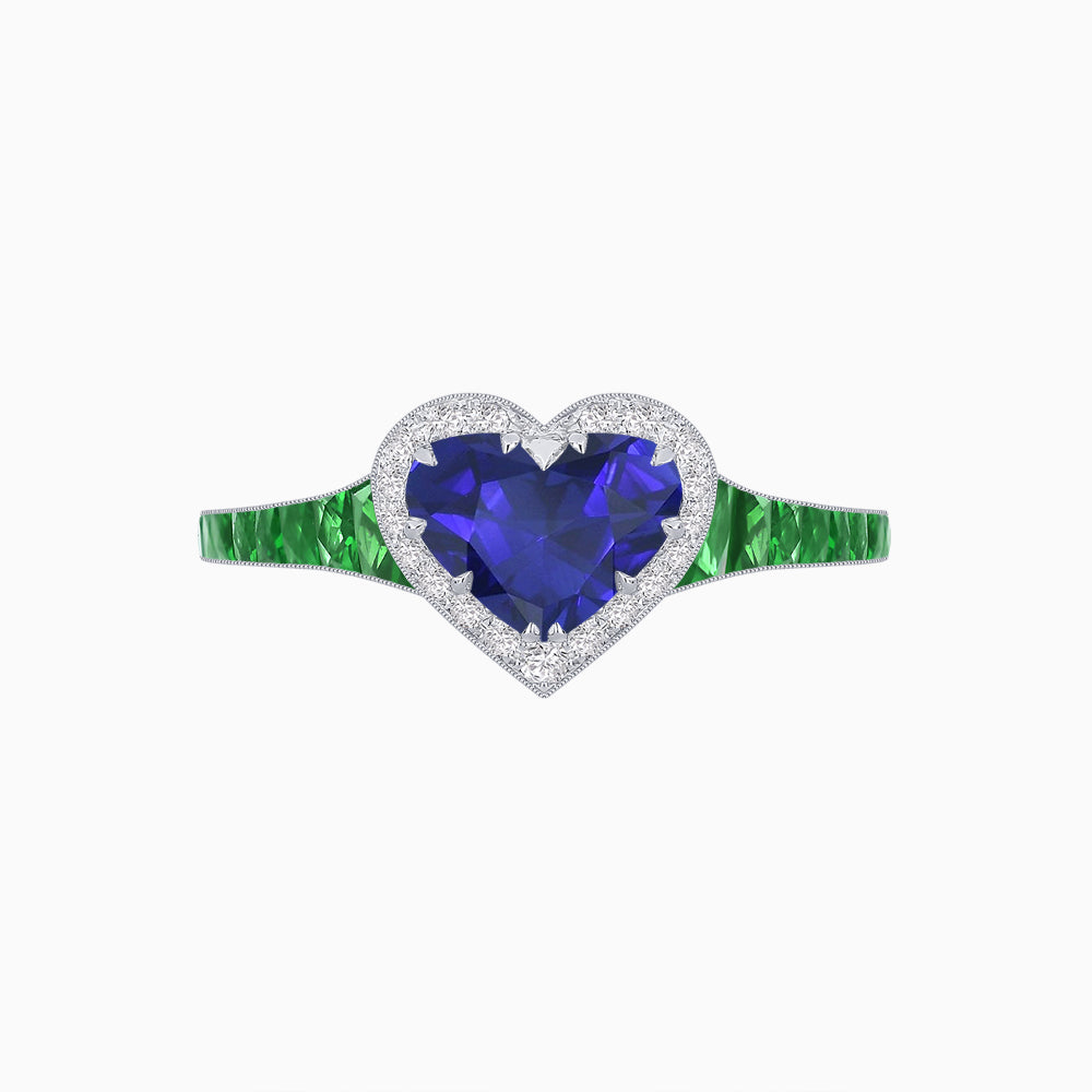 Heart Shape Ring with Diamond Halo and French-Cut Gemstone Shoulder Accents