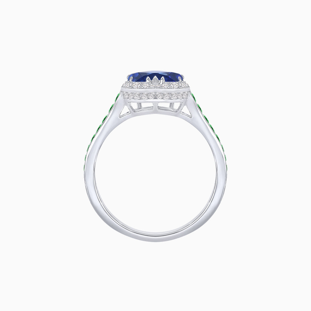 Heart Shape Ring with Diamond Halo and French-Cut Gemstone Shoulder Accents