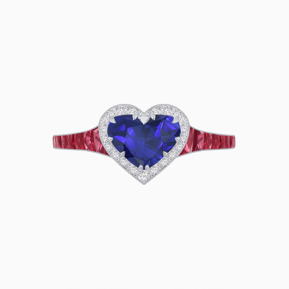 Heart Shape Ring with Diamond Halo and French-Cut Gemstone Shoulder Accents