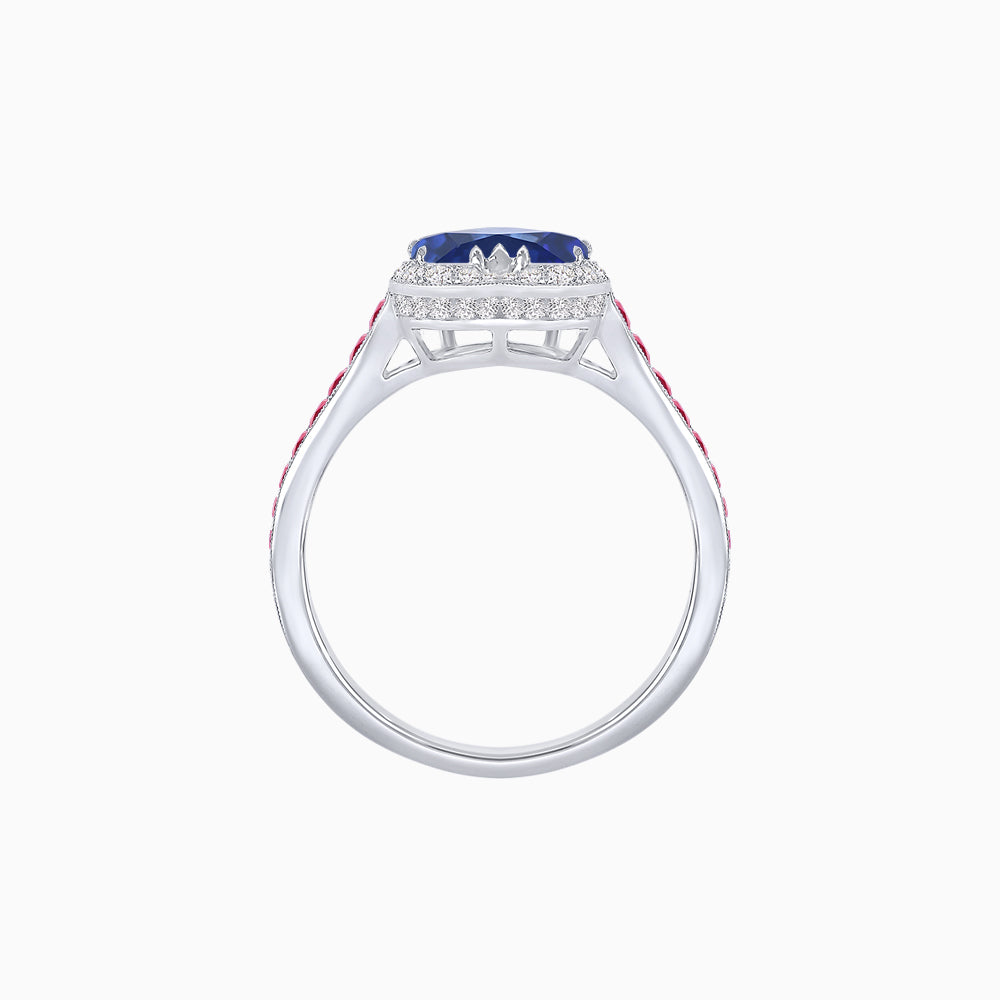 Heart Shape Ring with Diamond Halo and French-Cut Gemstone Shoulder Accents