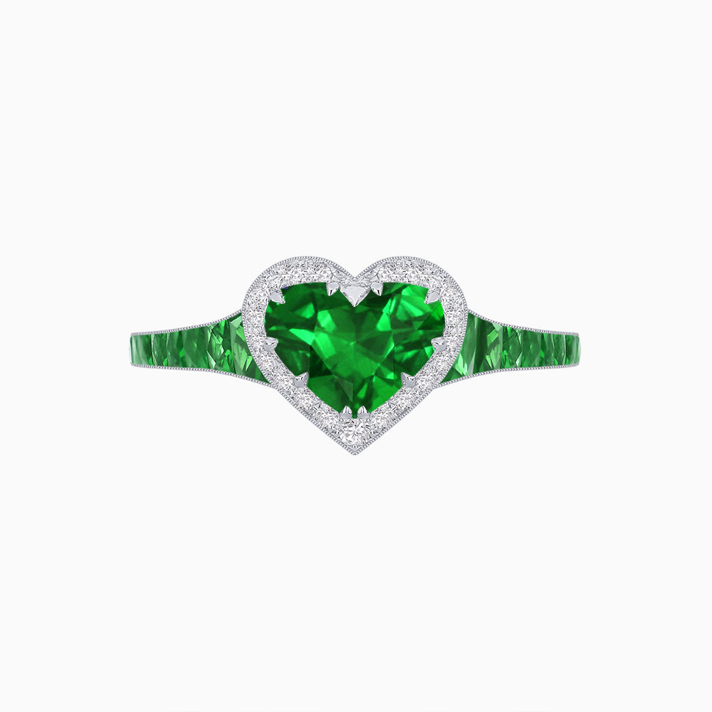 Heart Shape Ring with Diamond Halo and French-Cut Gemstone Shoulder Accents