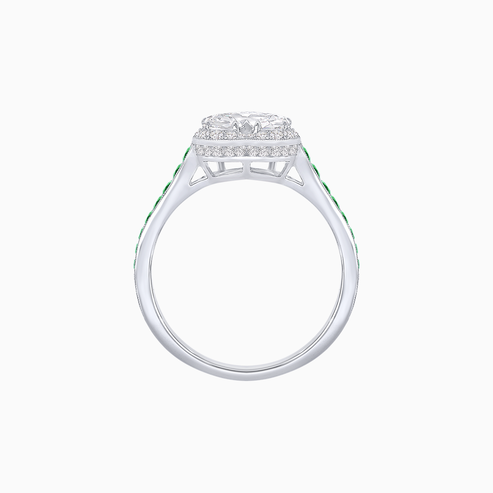 Heart Shape Ring with Diamond Halo and French-Cut Gemstone Shoulder Accents