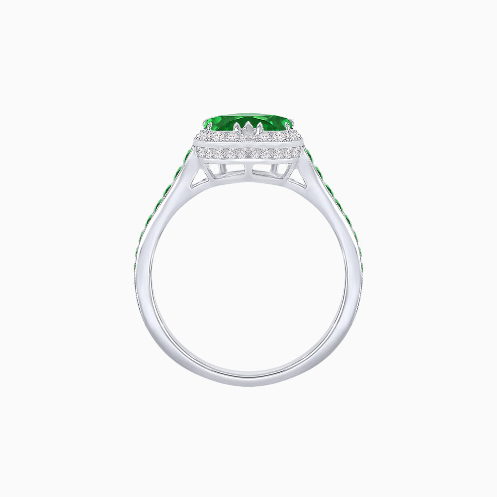 Heart Shape Ring with Diamond Halo and French-Cut Gemstone Shoulder Accents