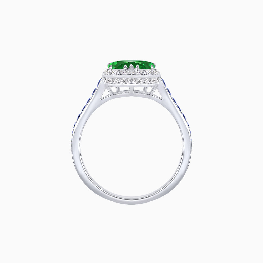 Heart Shape Ring with Diamond Halo and French-Cut Gemstone Shoulder Accents