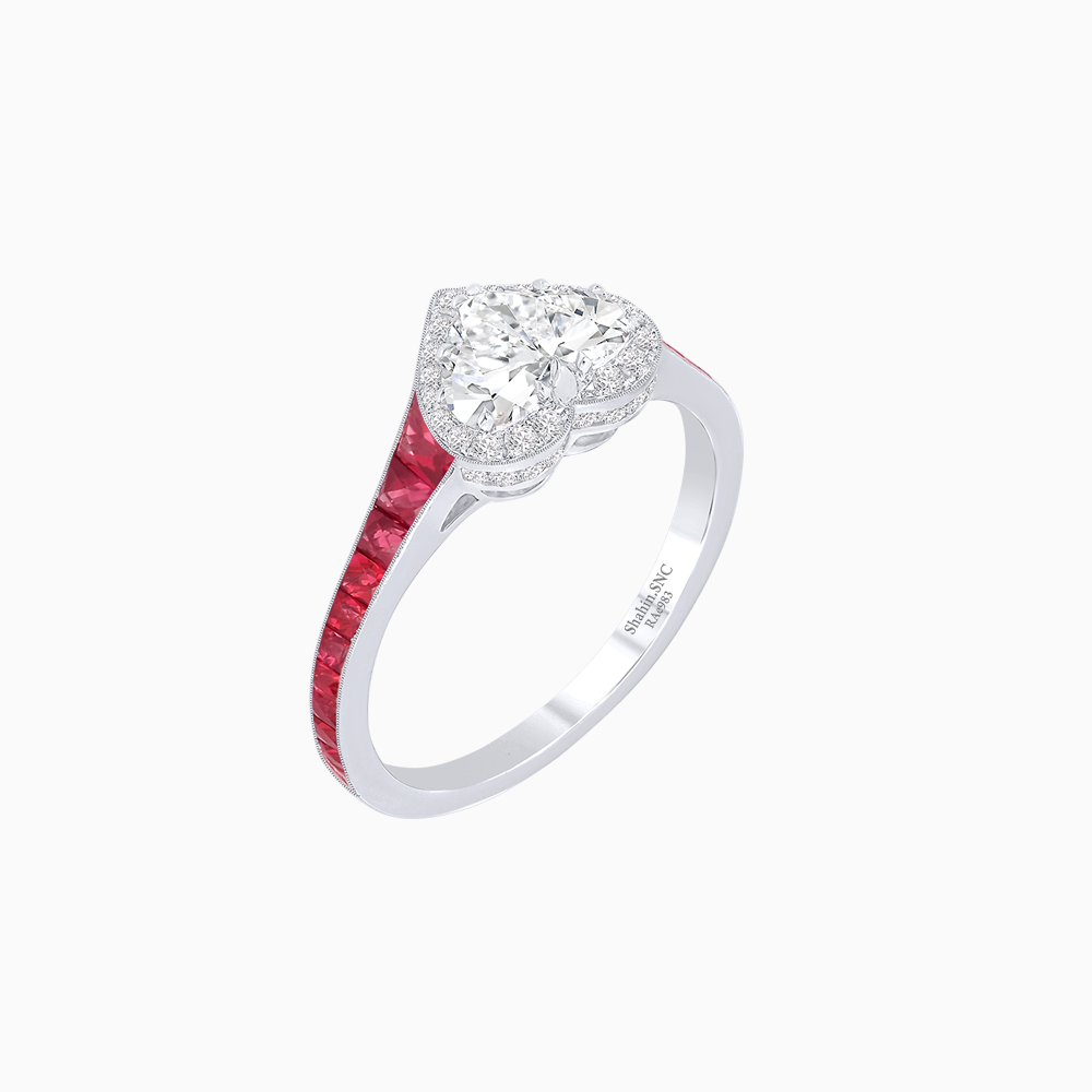 Heart Shape Ring with Diamond Halo and French-Cut Gemstone Shoulder Accents