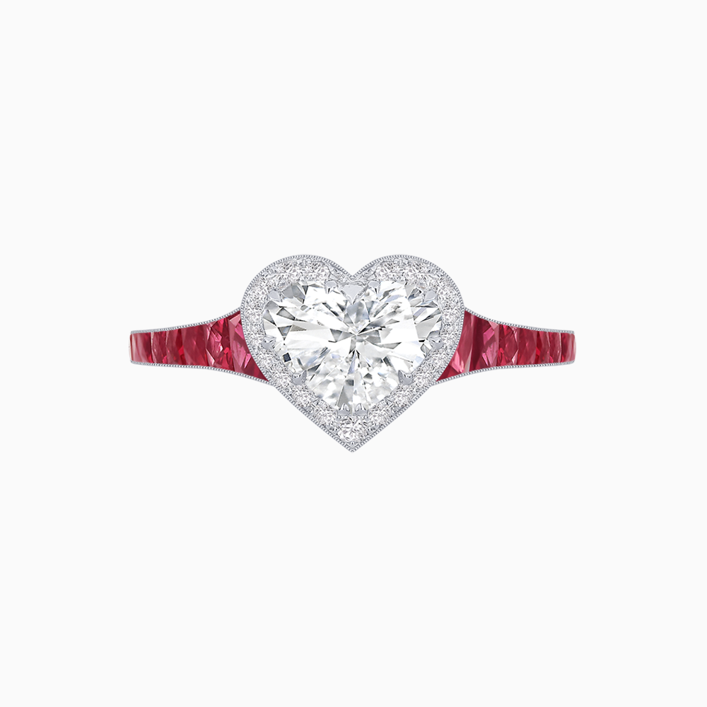 Heart Shape Ring with Diamond Halo and French-Cut Gemstone Shoulder Accents