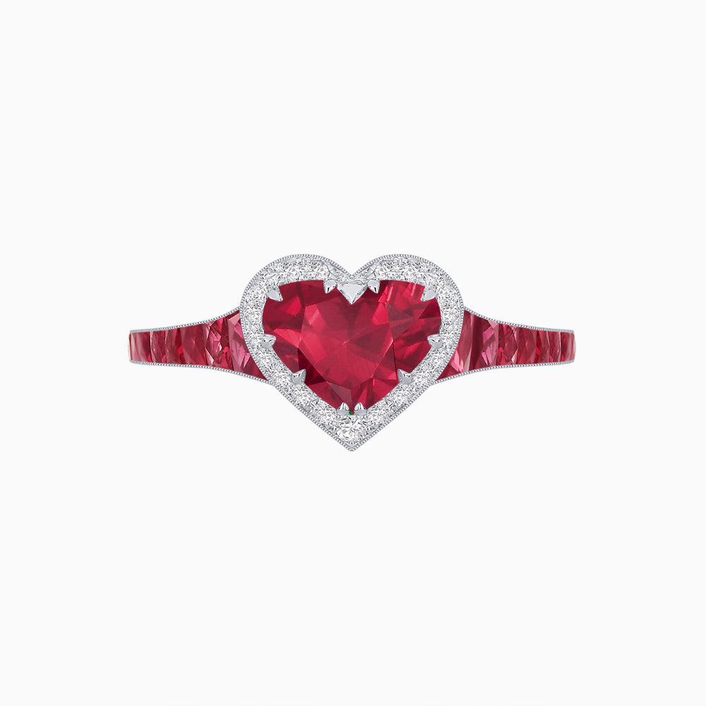 Heart Shape Ring with Diamond Halo and French-Cut Gemstone Shoulder Accents