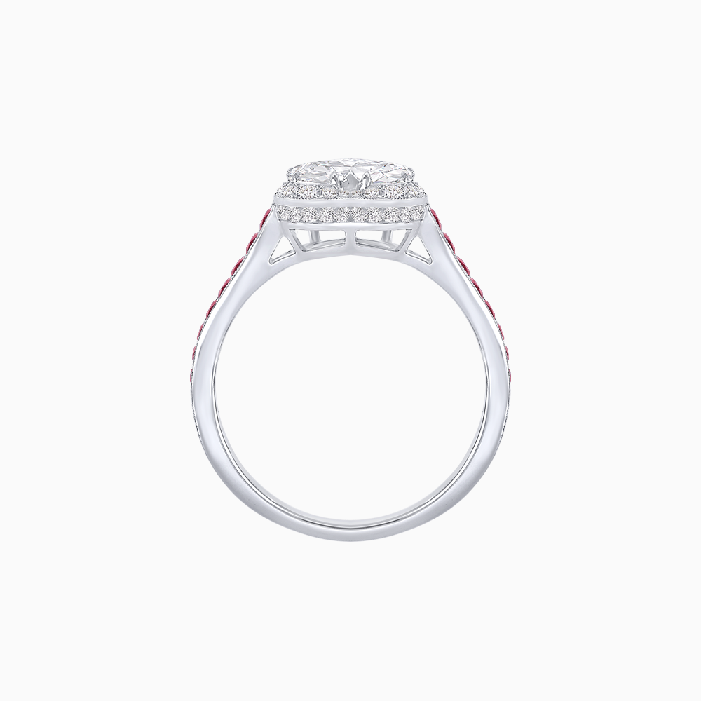 Heart Shape Ring with Diamond Halo and French-Cut Gemstone Shoulder Accents
