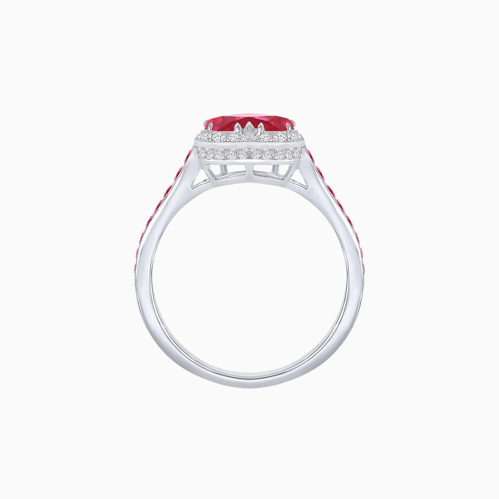 Heart Shape Ring with Diamond Halo and French-Cut Gemstone Shoulder Accents