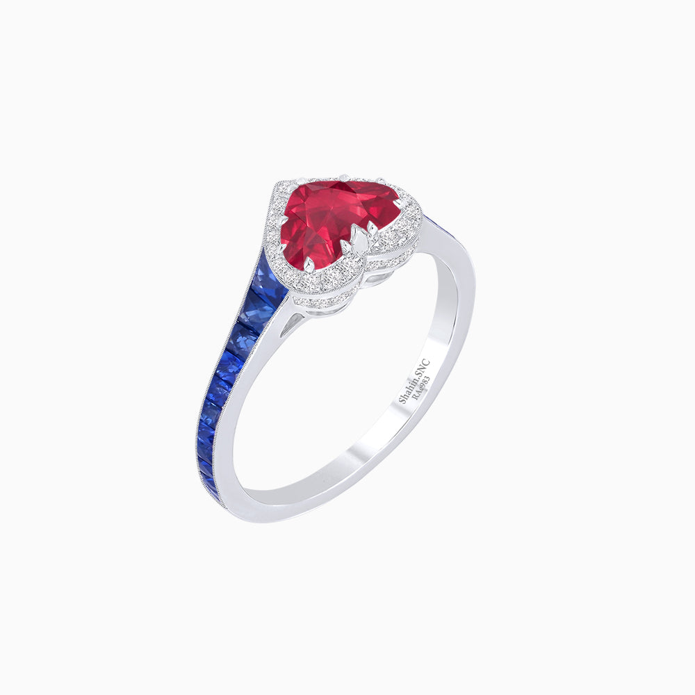 Heart Shape Ring with Diamond Halo and French-Cut Gemstone Shoulder Accents