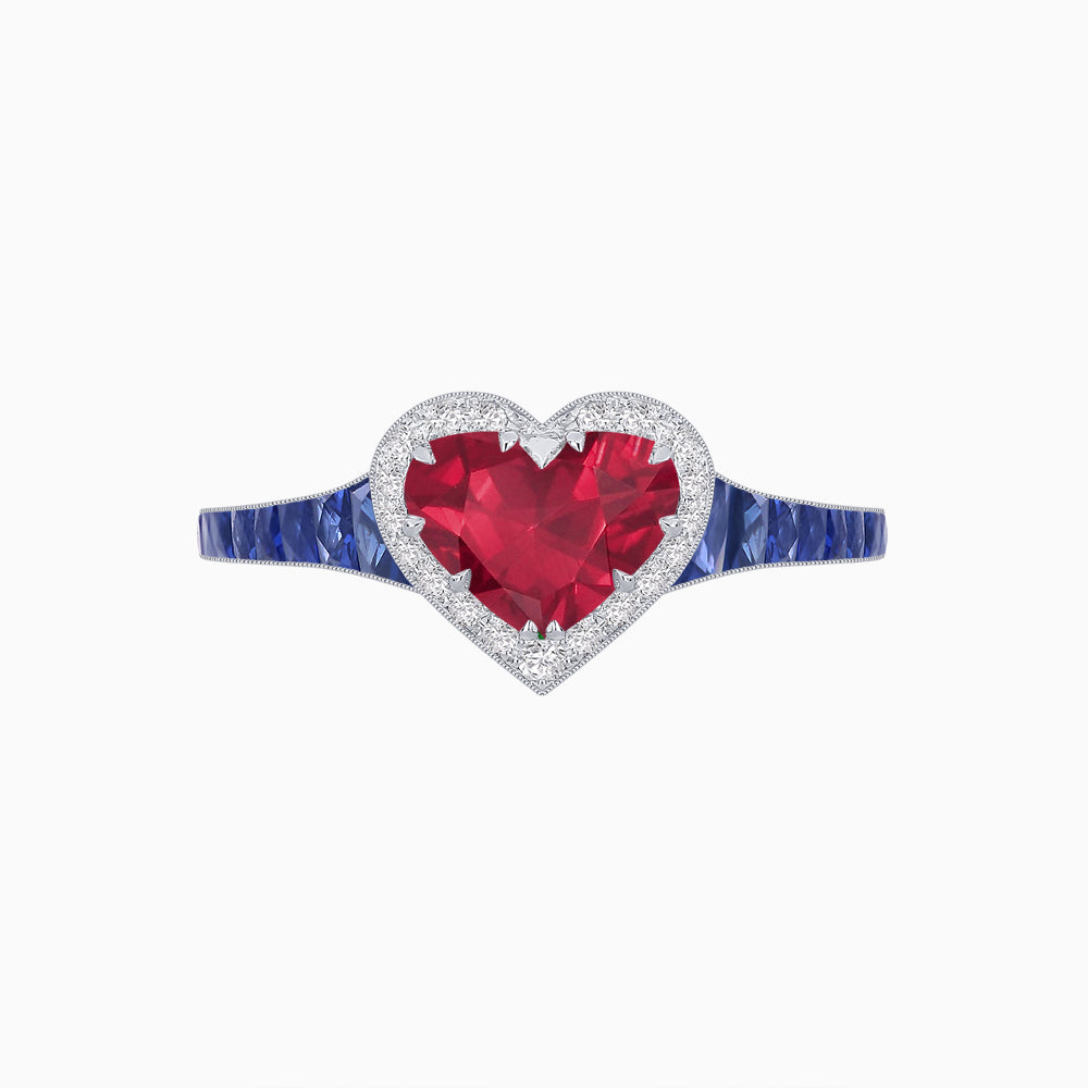 Heart Shape Ring with Diamond Halo and French-Cut Gemstone Shoulder Accents