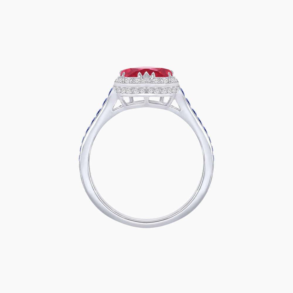 Heart Shape Ring with Diamond Halo and French-Cut Gemstone Shoulder Accents