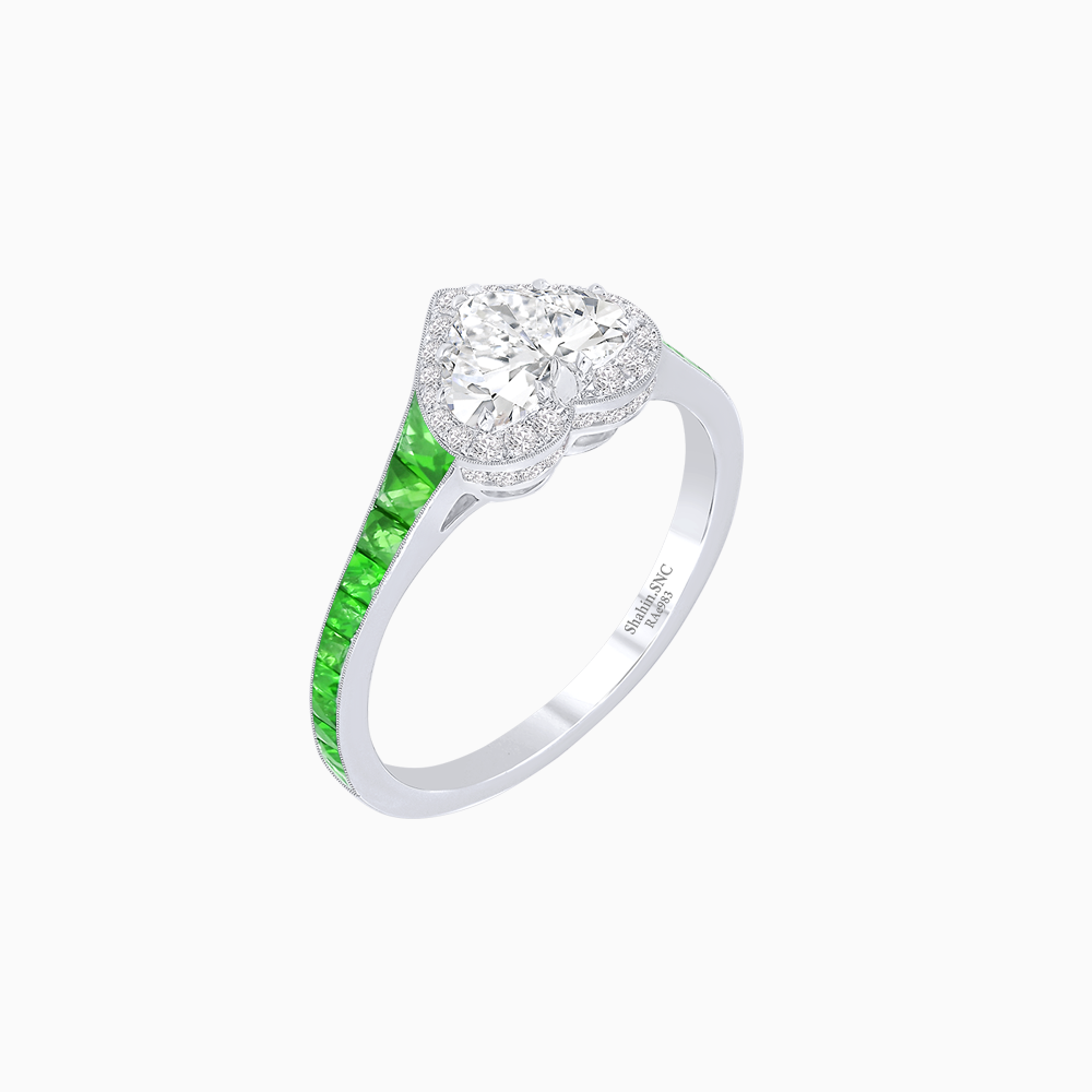 Heart Shape Ring with Diamond Halo and French-Cut Gemstone Shoulder Accents